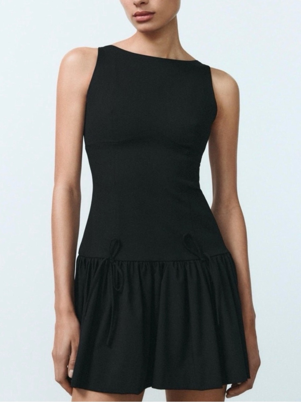 Zara Black Sleeveless Mini Dress with Bows — Size M